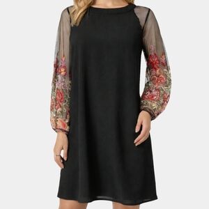 Sheer 3/4 Floral Embroidered Sleeve High Neck Sheath Mini Dress Size XL